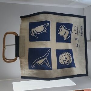 Weiss Australia Shopping Tote Burlap Plastic Inside Wood Handles